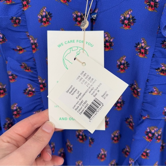 NWT Baum Und Pferdgarten Ahadi Long Sleeve Ruffle Midi Dress 36 Blue Floral - Picture 13 of 16